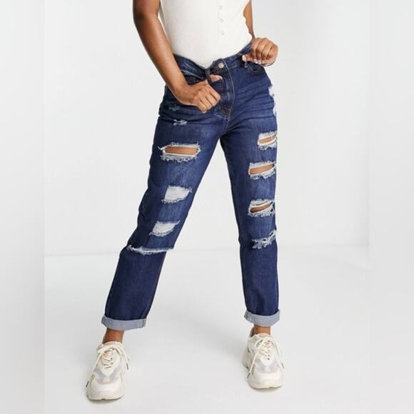 NWT Parisian ASOS Boyfriend Jeans Womens 6 Dark Wash Distressed Slouchy Tomboy - Picture 1 of 8